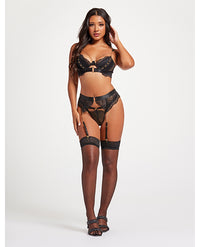 Scalloped Lace Bra w/Gold Chain, Garter Belt &amp; Thong Black LG