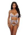 Floral Lace Bra, Cage Garter Belt &amp; G-String Dusty Pink MD
