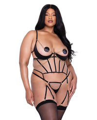 Caged Temptress Satin &amp; Tulle Bustier w/Draped Chain Detail &amp; Thong Black 2X