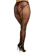 Lace and Fishnet Pantyhose with High-Waisted Lace Panty Design - Black QN