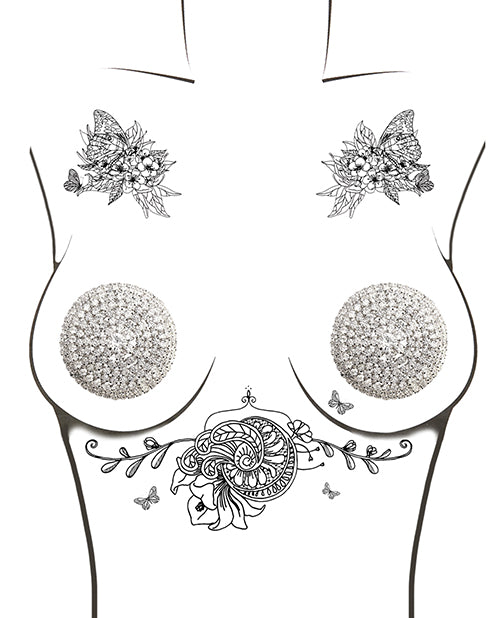 Neva Nude Burlesque Big O Crystal Jewel Reusable Silicone Pasties - Silver O/S