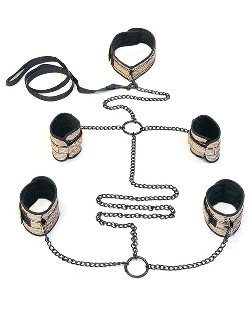 Spartacus Faux Leather Collar to Wrist &amp; Ankle Restraints Bondage Kit w/Leash - Gold