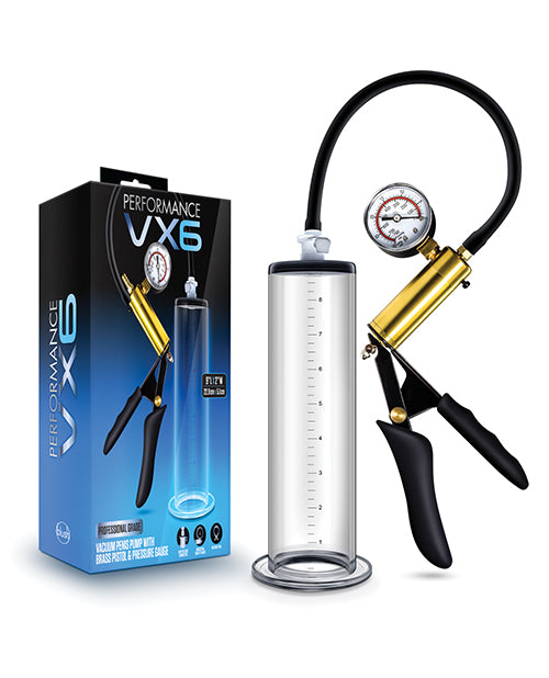 Blush Performance VX6 Vacuum Penis Pump w/Brass Pistol & Pressure Gauge - Clear