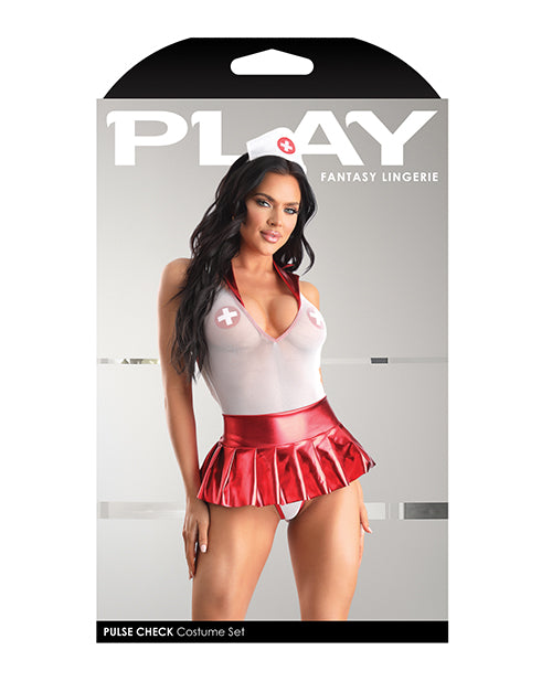 Play Pulse Check Collared Teddy w/Open Back, Pleated Skirt, Medic Hat & Pasties Red/White M/L