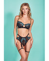 Emmalyn Mesh &amp; Galloon Lace Underwire Bra & High Waist Garter Panty Black/Blue XL