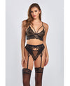 Everly Dot Mesh & Galloon Lace Strappy Bra, Garterbelt & Hipster Panty Black SM