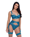 Studs & Kisses Balconette Cup w/Underwire Bra, Garter Belt & Panty Teal XL