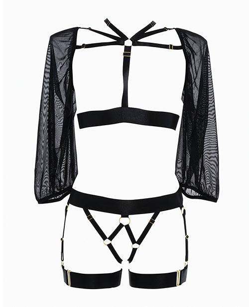 Adore Ibiza Babe Strappy Open Front Bodice w/Mesh Sleeves & Open Gartered Panty Black O/S