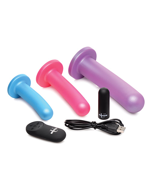 Strap U Triple Peg 28X Vibrating Silicone Dildo Set w/Remote - Asst. Colors