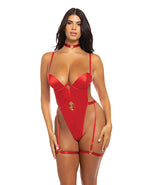 Mila Stretch Satin Padded Cup Teddy w/Heart Ring Detail Red XL