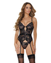 Metallic Stretch Lace Garter Belt Bustier w/Lace Up Closure &amp; Thong Black/Rose Gold Medium