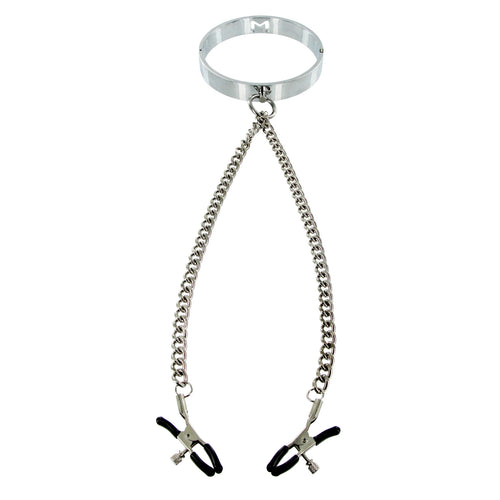 Chrome Slave Collar with Nipple Clamps - SmallMedium